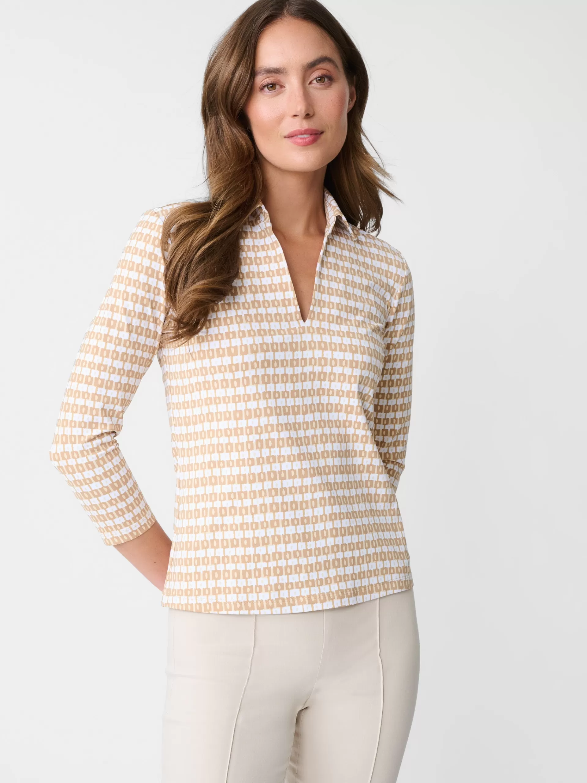 Hot J. McLaughlin Aida 3/4 Sleeve Top In Aberdeen Geo Tan/White