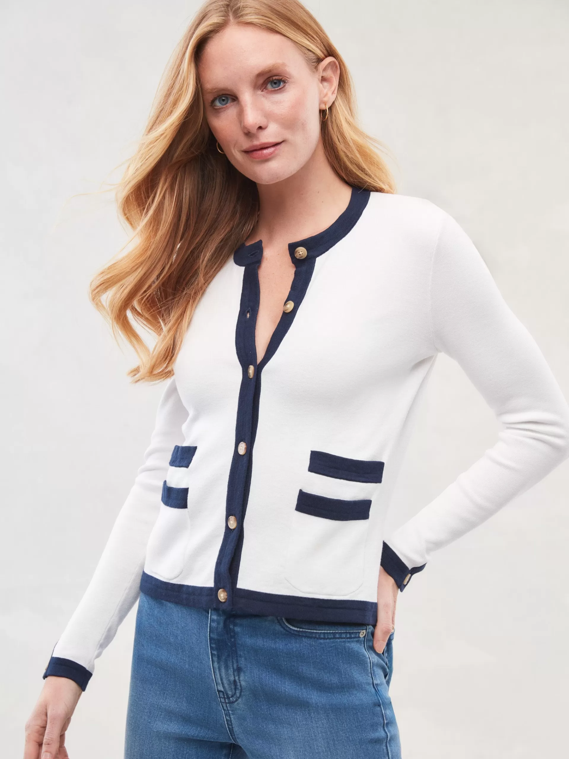 Discount J. McLaughlin Ainsley Cardigan White/Navy