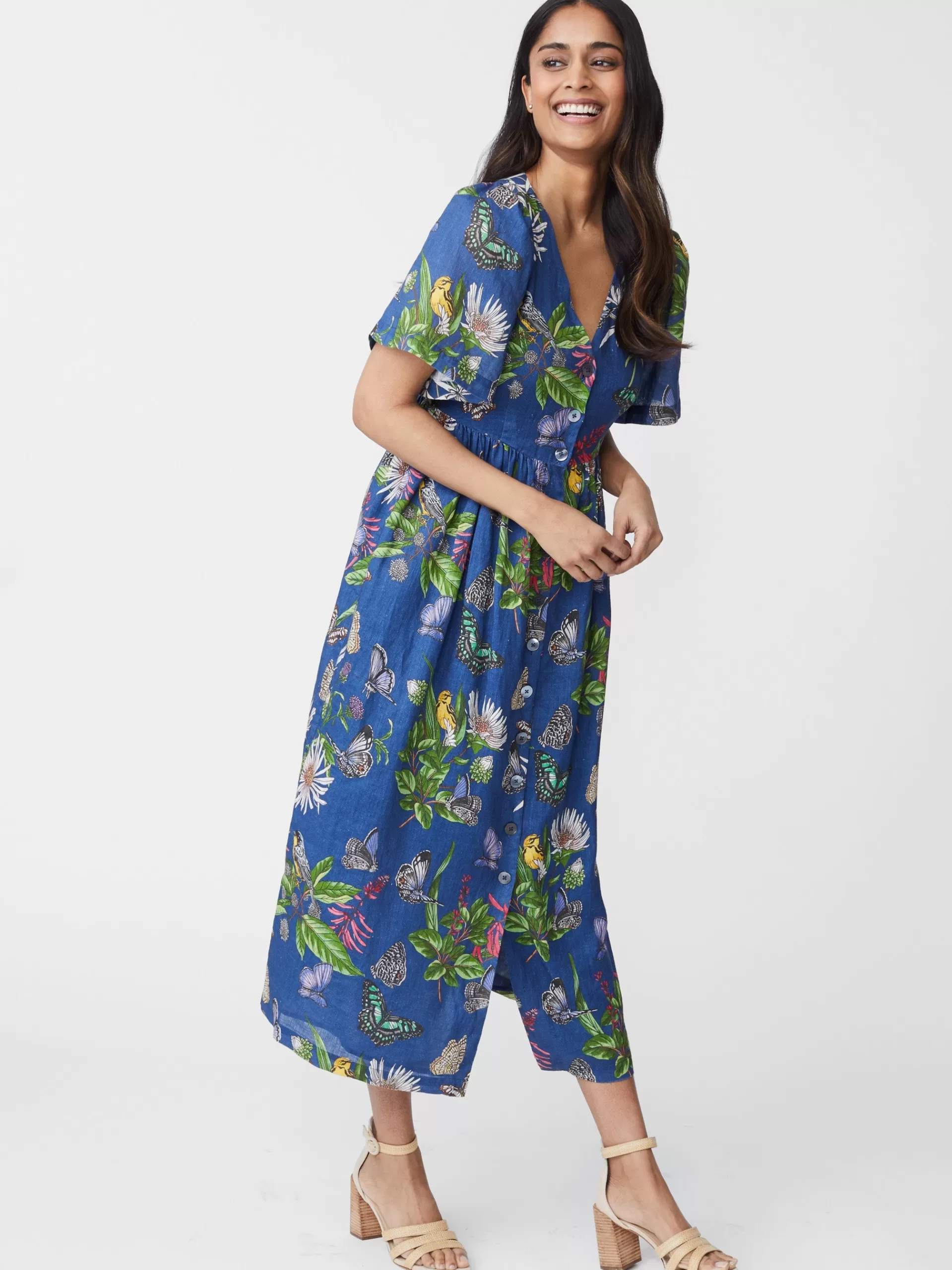 Clearance J. McLaughlin Annora Linen Dress In Jardin Mariposa Navy/Multi