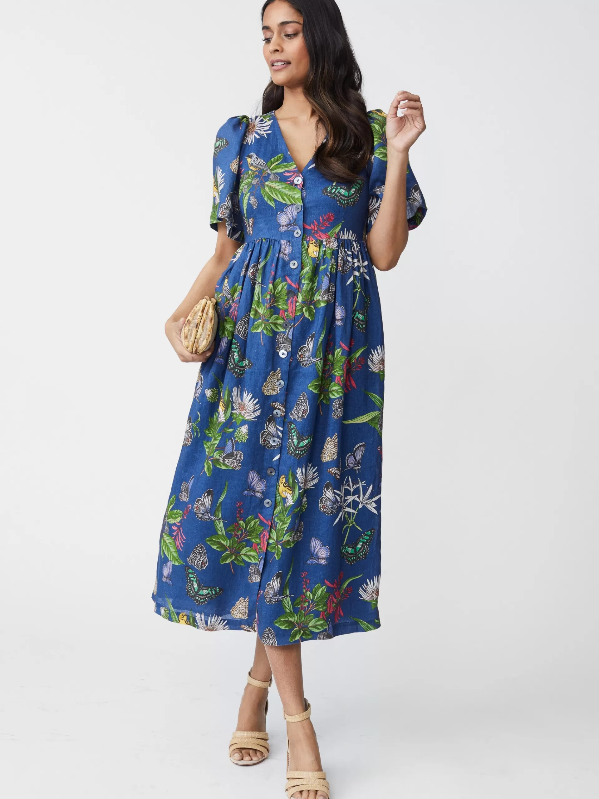 Clearance J. McLaughlin Annora Linen Dress In Jardin Mariposa Navy/Multi