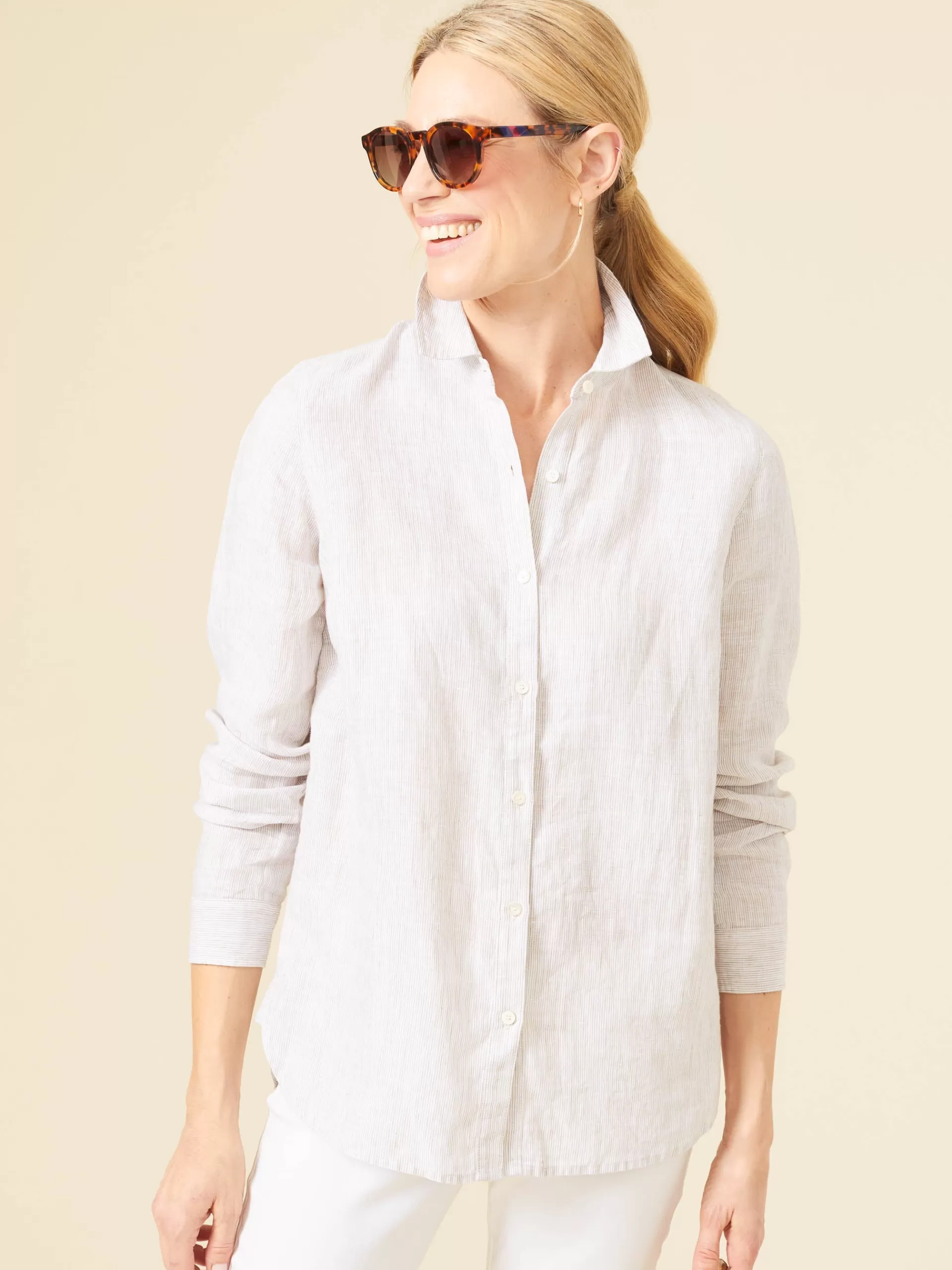 Online J. McLaughlin Britt Linen Shirt In Stripe Tan/White