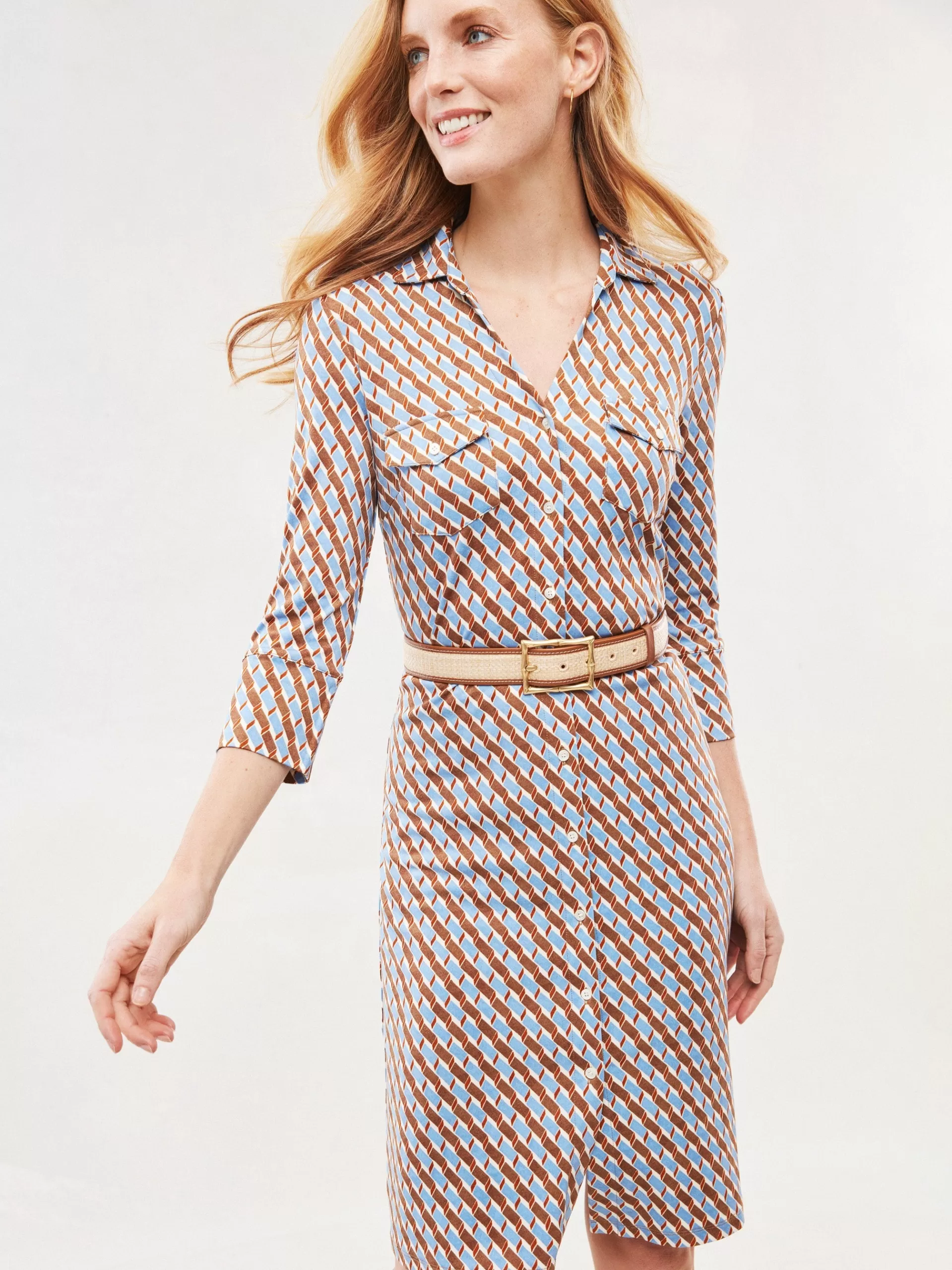 Outlet J. McLaughlin Brynn Dress In Mini Fernwood Geo Brown/Denim Blue