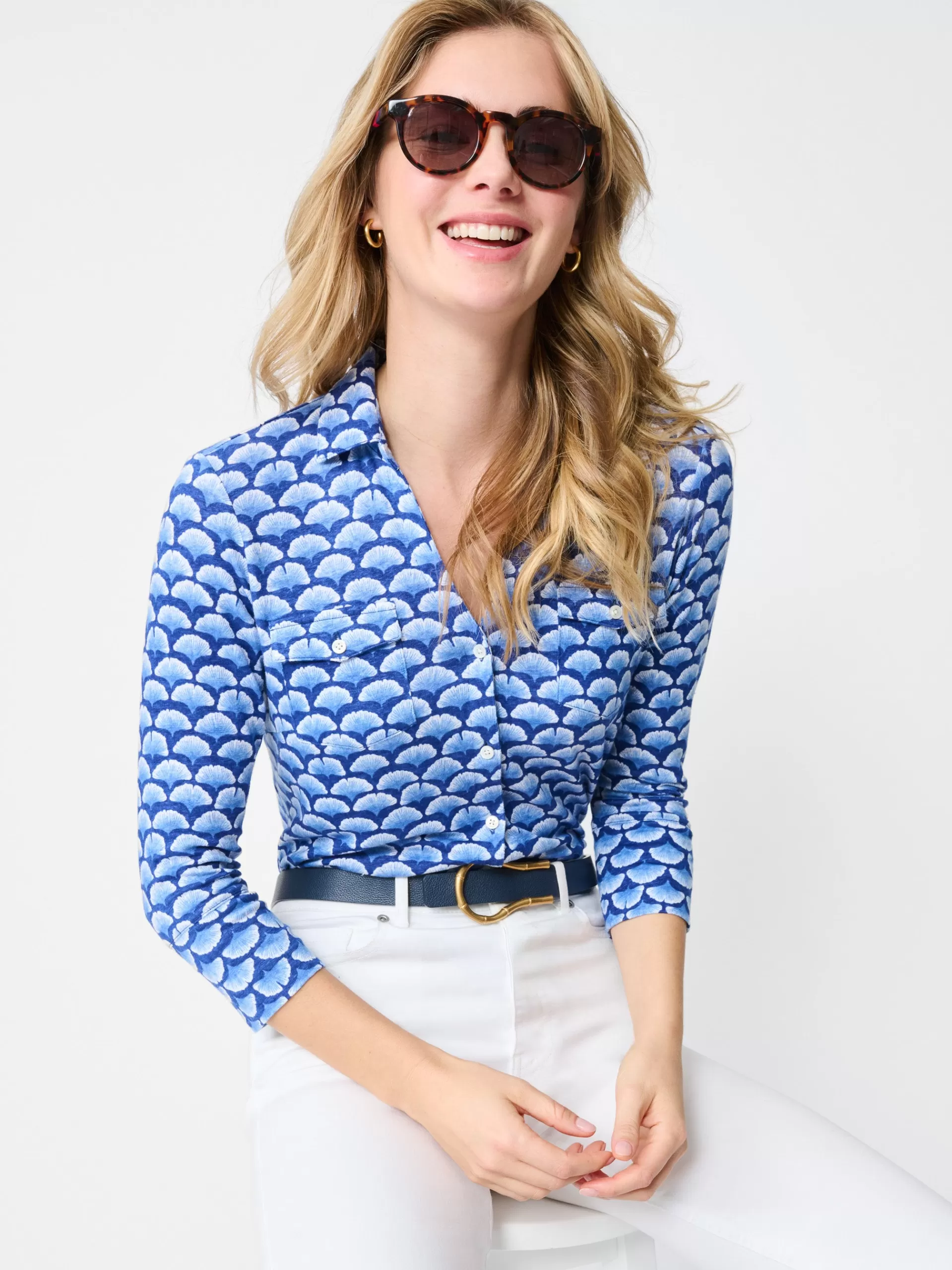 Hot J. McLaughlin Brynn Linen Shirt In Gingko Mosaic Navy/Blue