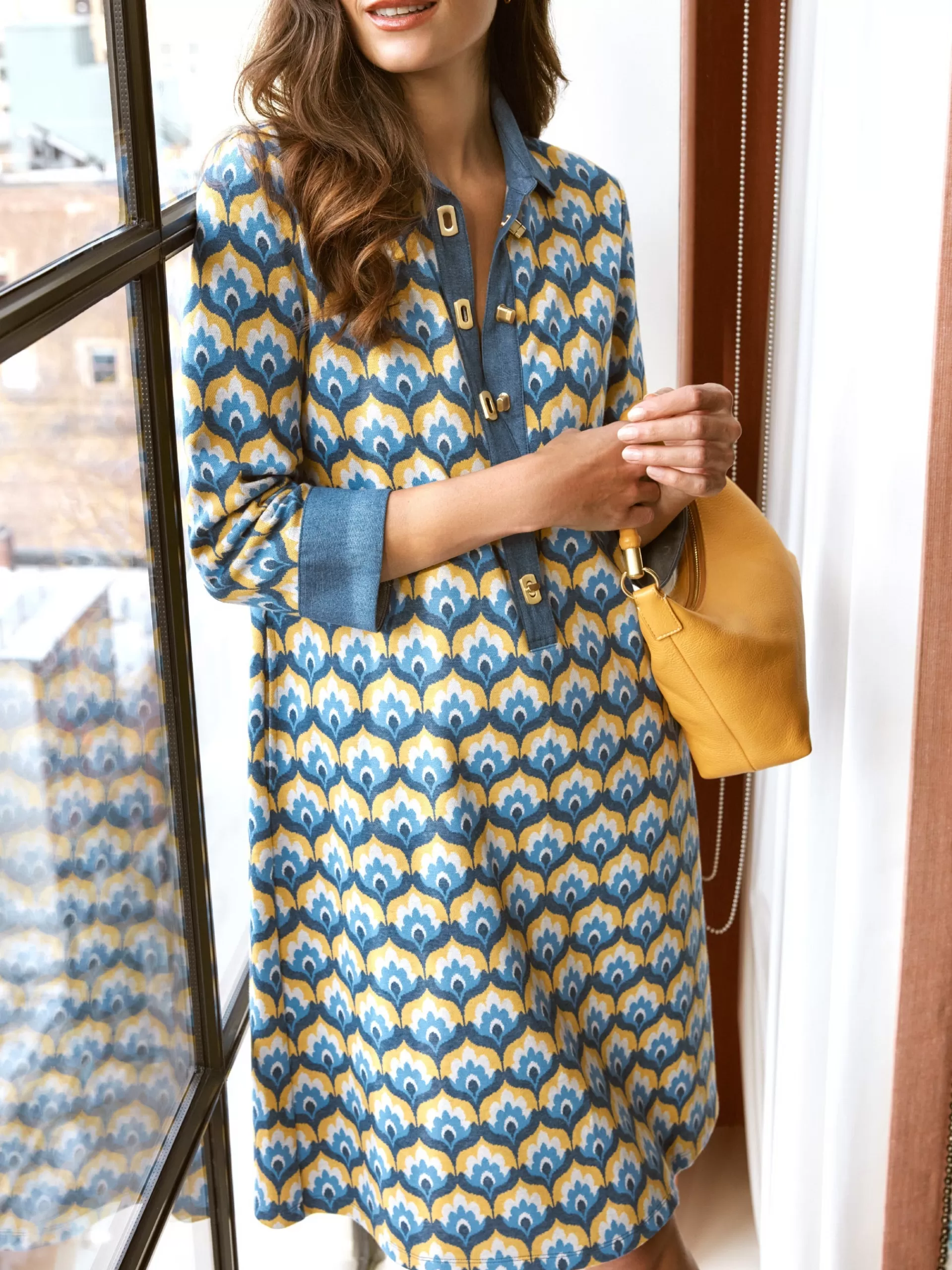 Best Sale J. McLaughlin Bryony Dress In Mod Squad Denim/Gold