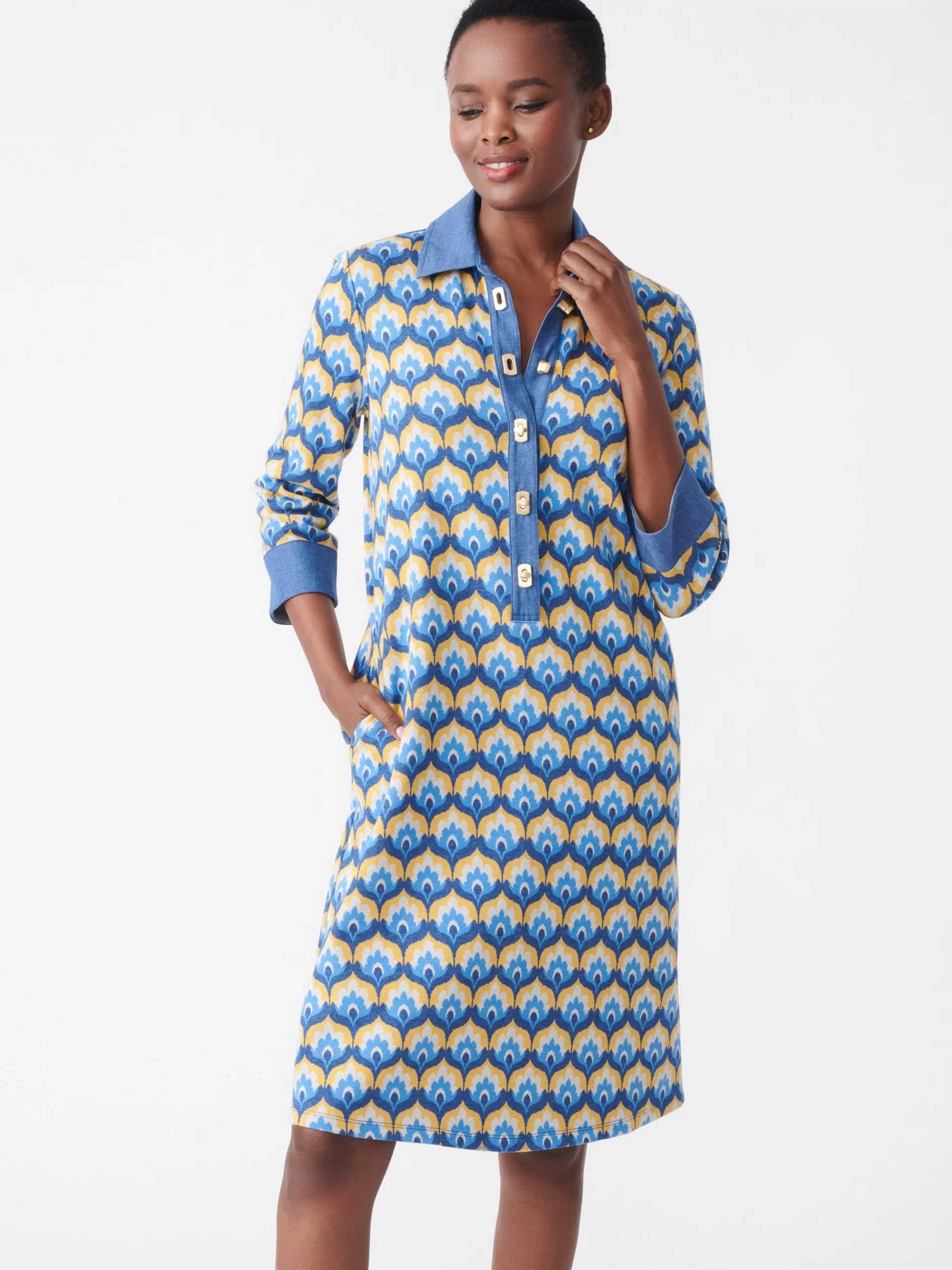 Best Sale J. McLaughlin Bryony Dress In Mod Squad Denim/Gold