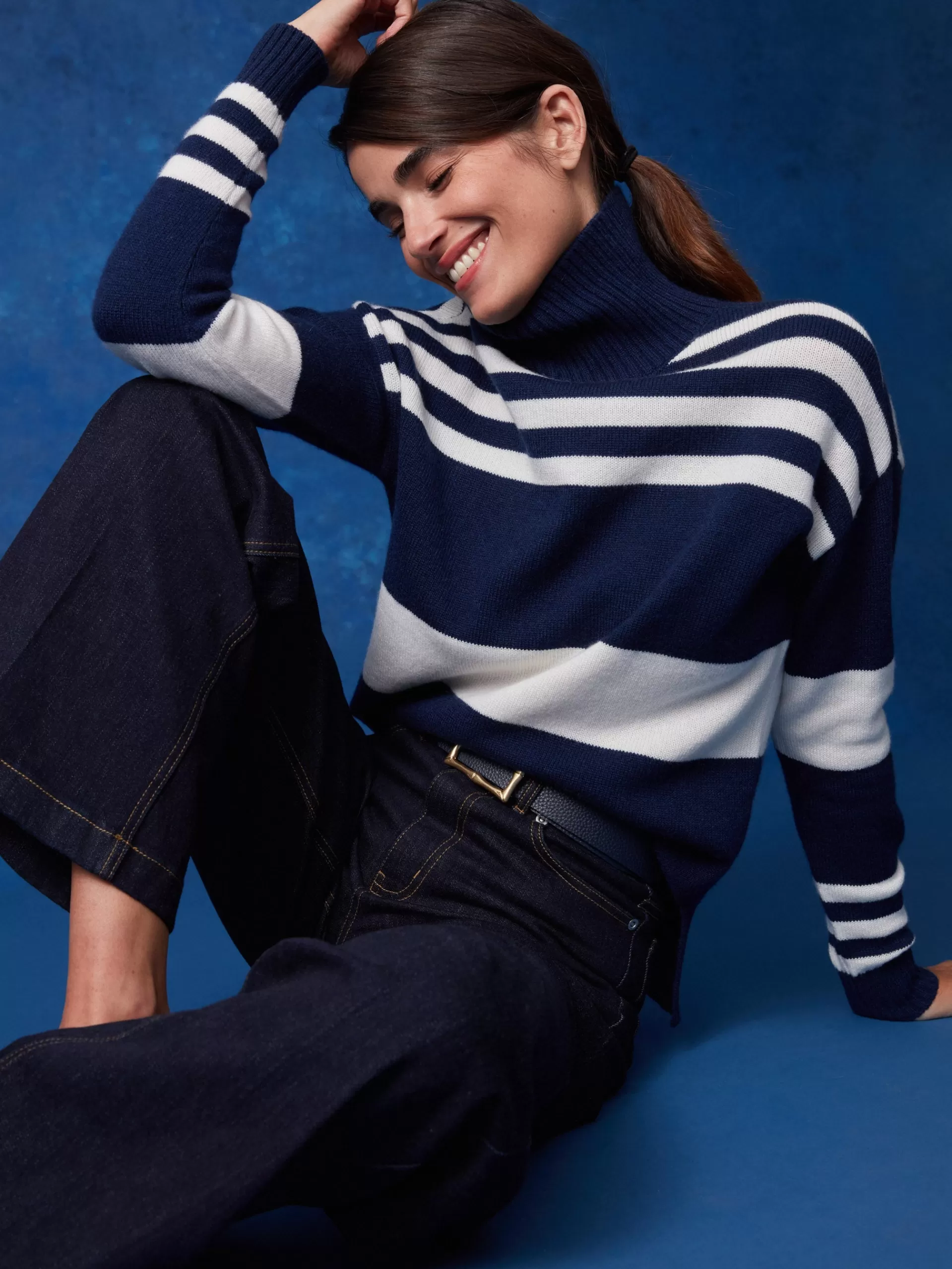 Cheap J. McLaughlin Clara Cashmere Turtleneck In Stripe Navy/Ivory