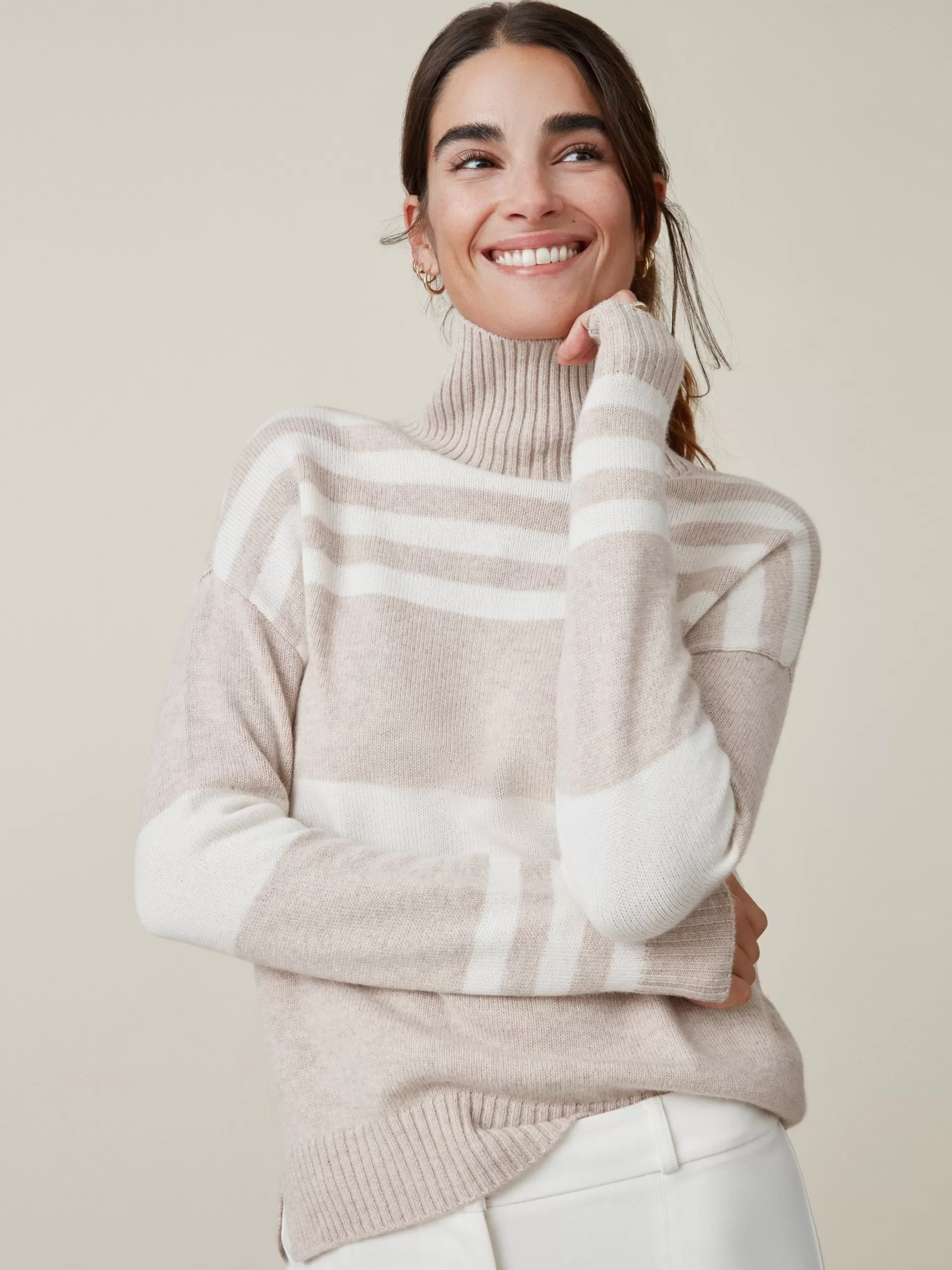 Cheap J. McLaughlin Clara Cashmere Turtleneck In Stripe Heather Oatmeal/Off White