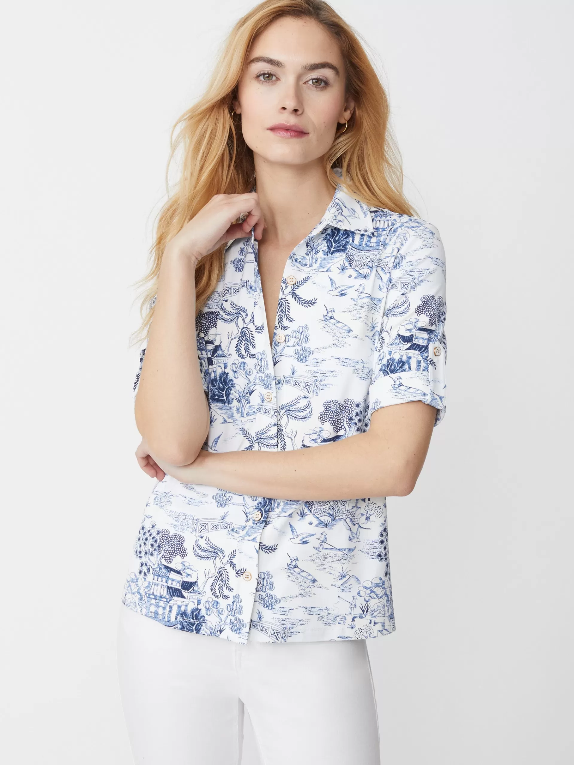 Outlet J. McLaughlin Cornelia Shirt In Chinoiserie Toile Off White/Denim Blue