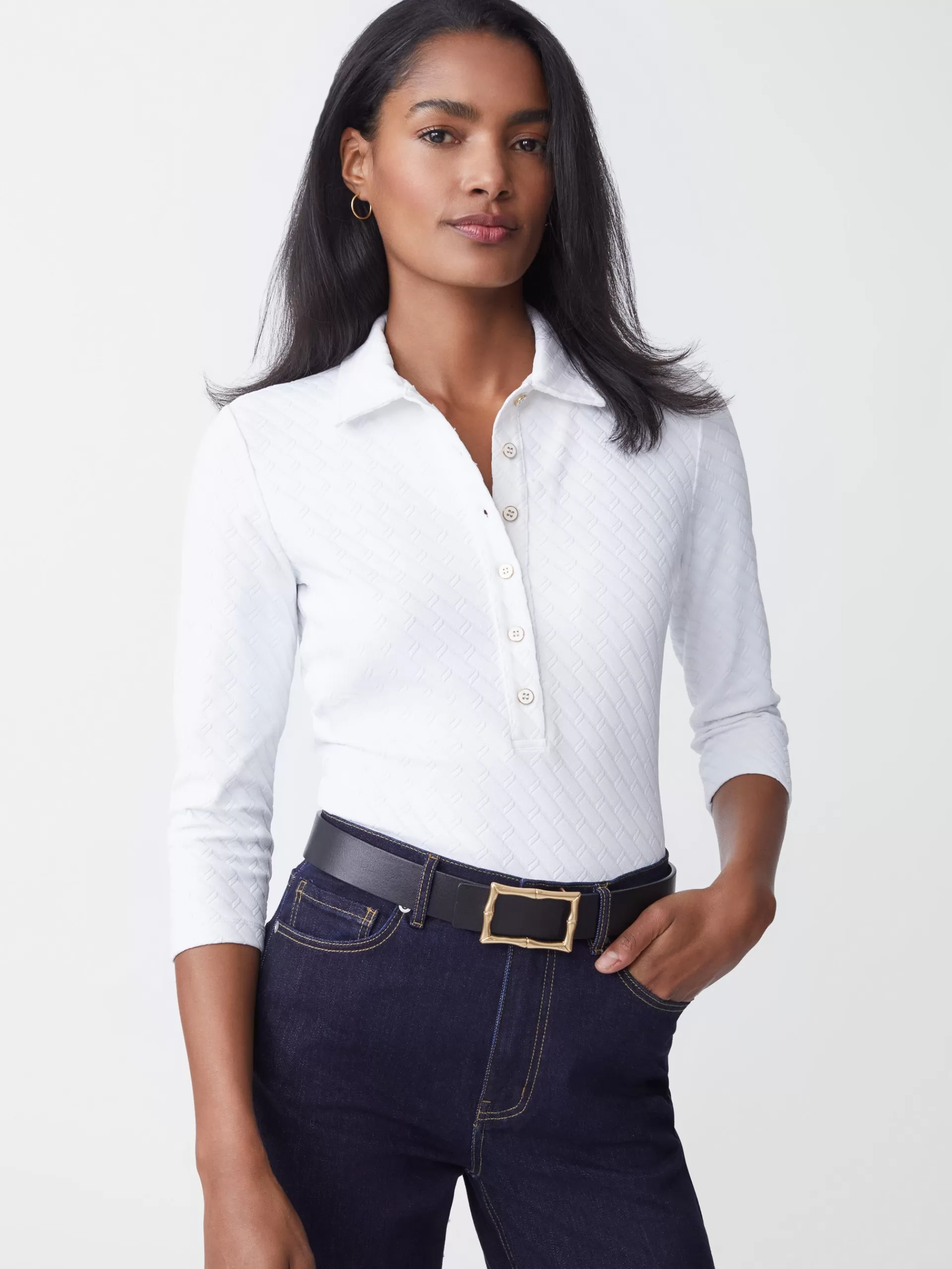 Shop J. McLaughlin Court 3/4 Sleeve Polo In Fernwood Geo Jacquard White