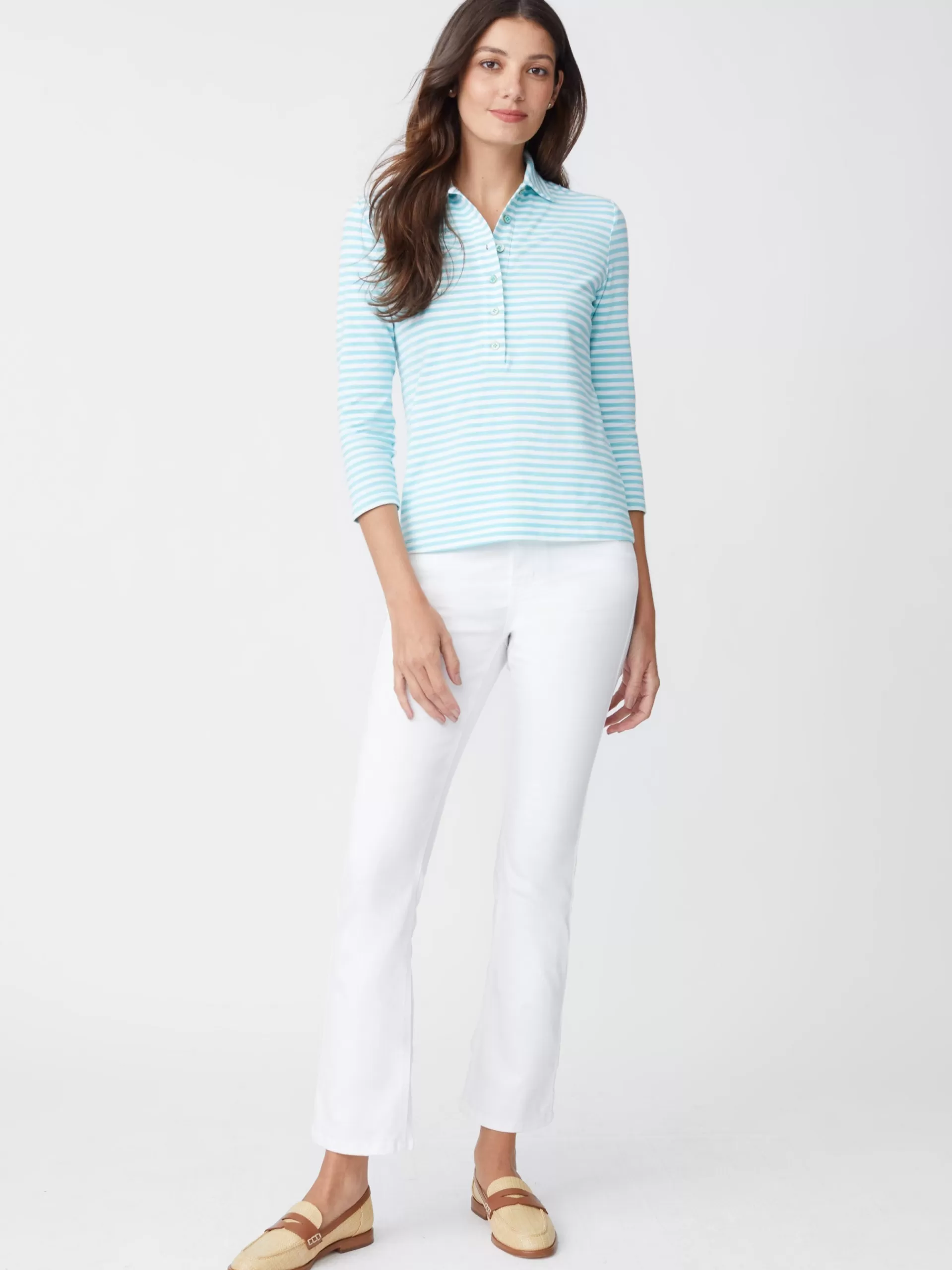 Cheap J. McLaughlin Court 3/4 Sleeve Polo In Stripe Mist Aqua/White