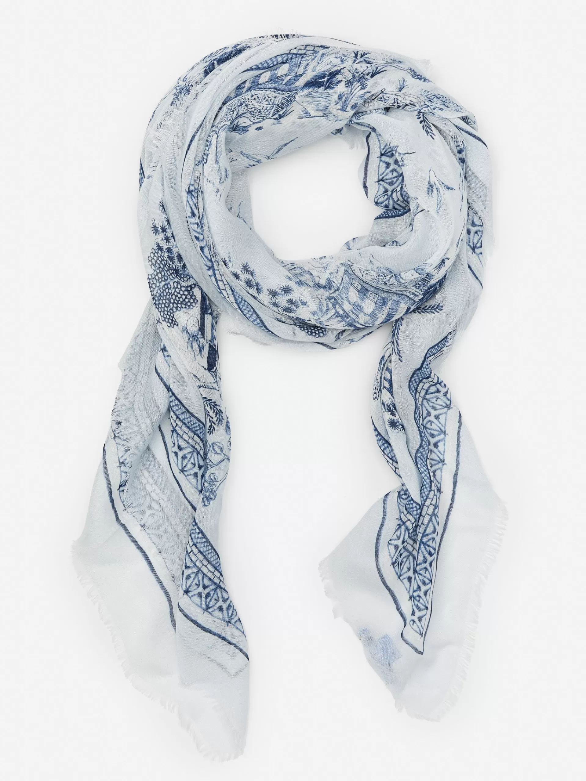 Online J. McLaughlin Giselle Scarf In Chinoiserie Toile Square Off White/Denim Blue