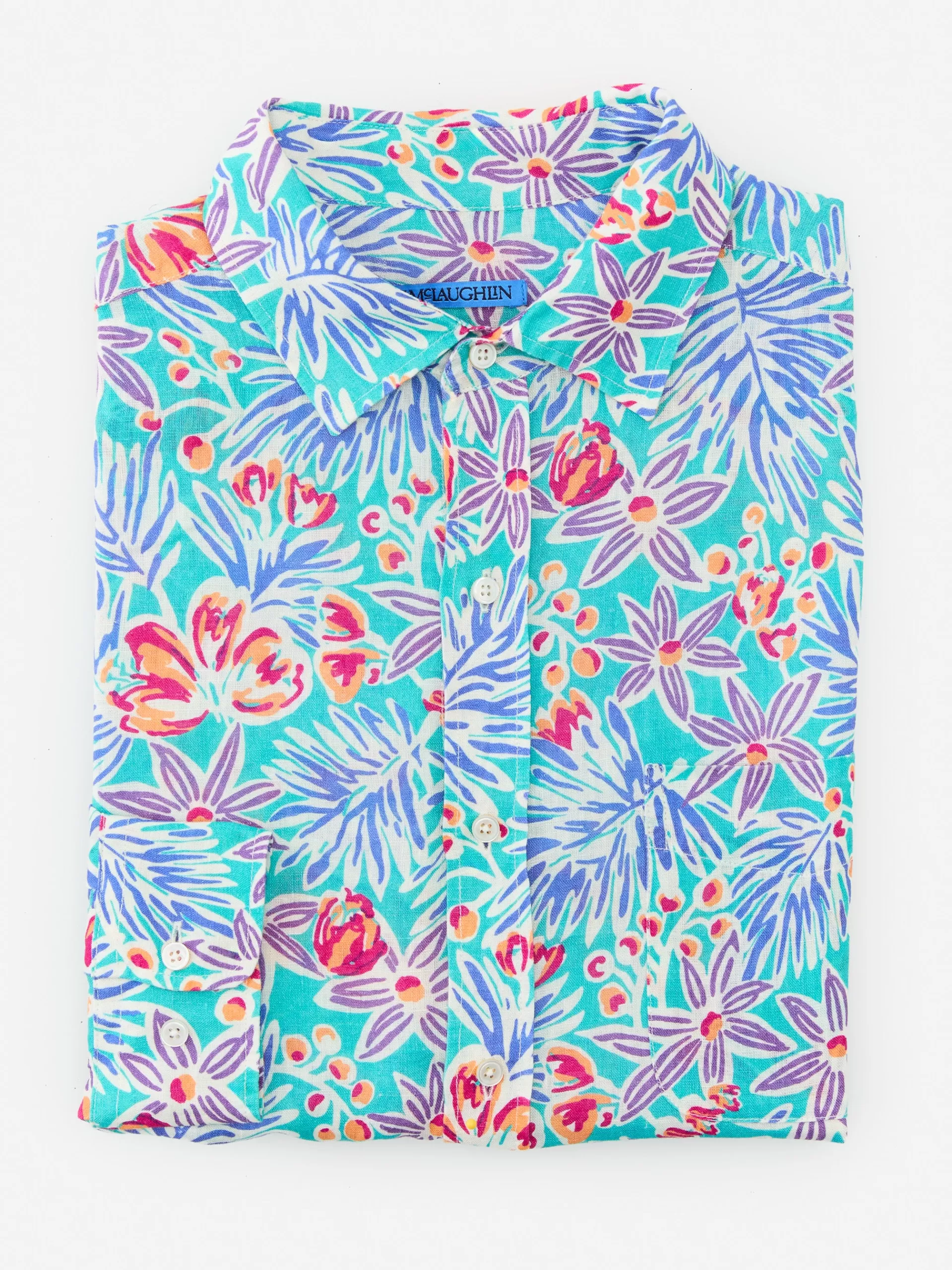 Discount J. McLaughlin Gramercy Classic Fit Linen Shirt In Island Bouquet Aqua/Multi