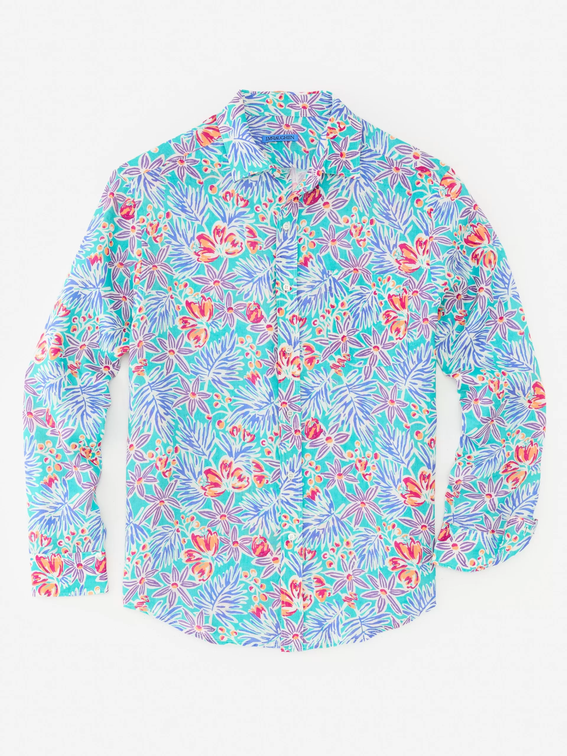 Discount J. McLaughlin Gramercy Classic Fit Linen Shirt In Island Bouquet Aqua/Multi