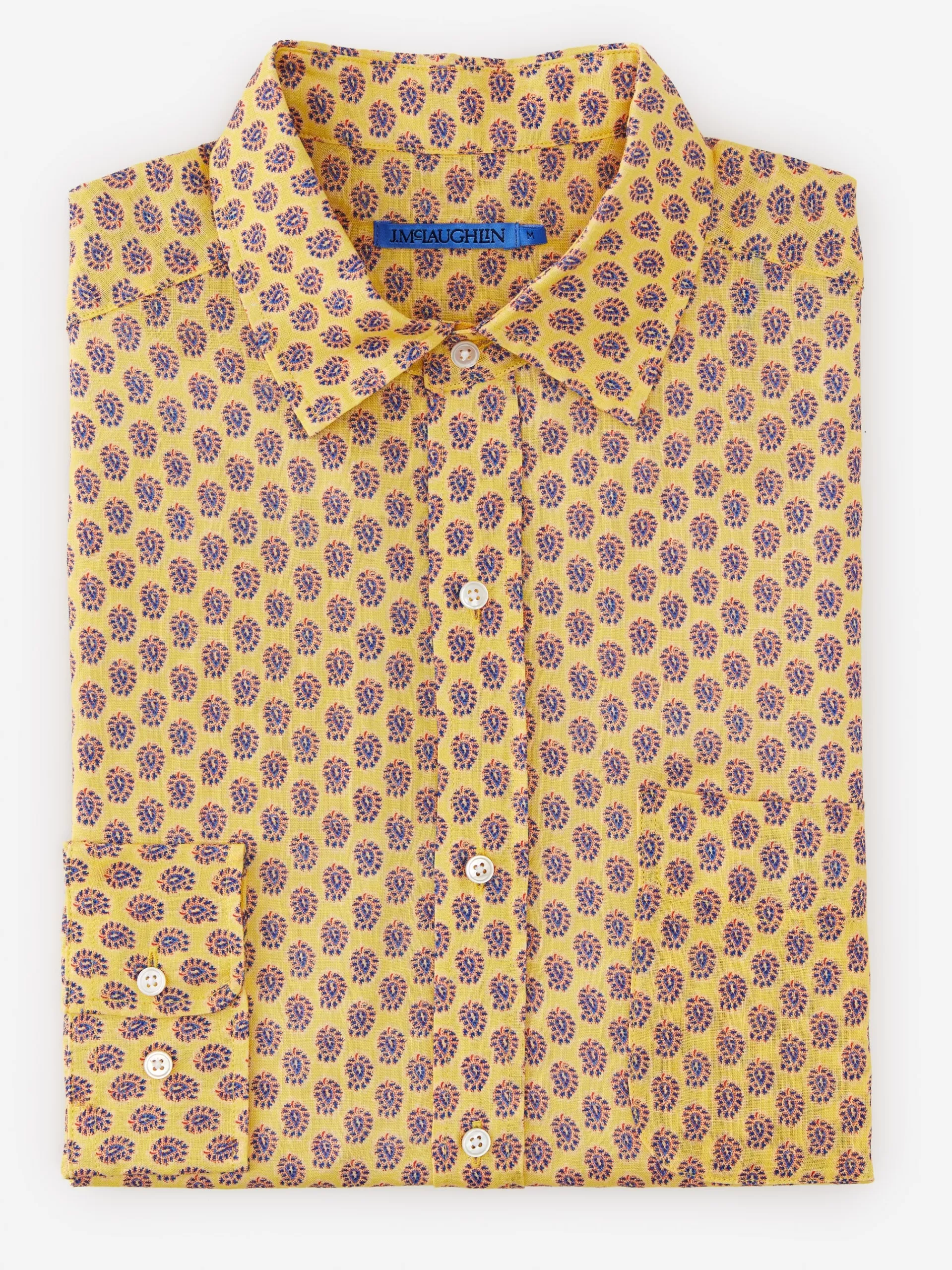 Flash Sale J. McLaughlin Gramercy Classic Fit Linen Shirt In Mini Surf Paisley Yellow/Multi