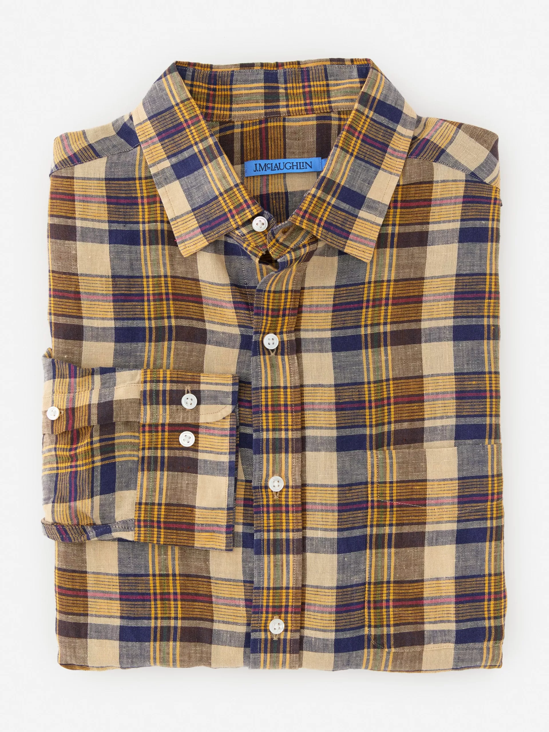 Cheap J. McLaughlin Gramercy Classic Fit Linen Shirt In Plaid Yellow/Navy