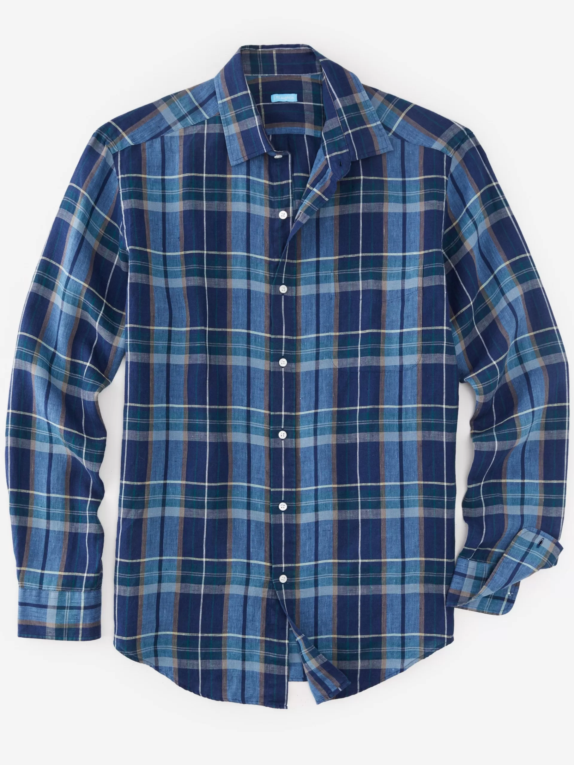 Hot J. McLaughlin Gramercy Classic Fit Linen Shirt In Plaid Navy/Blue/Tan