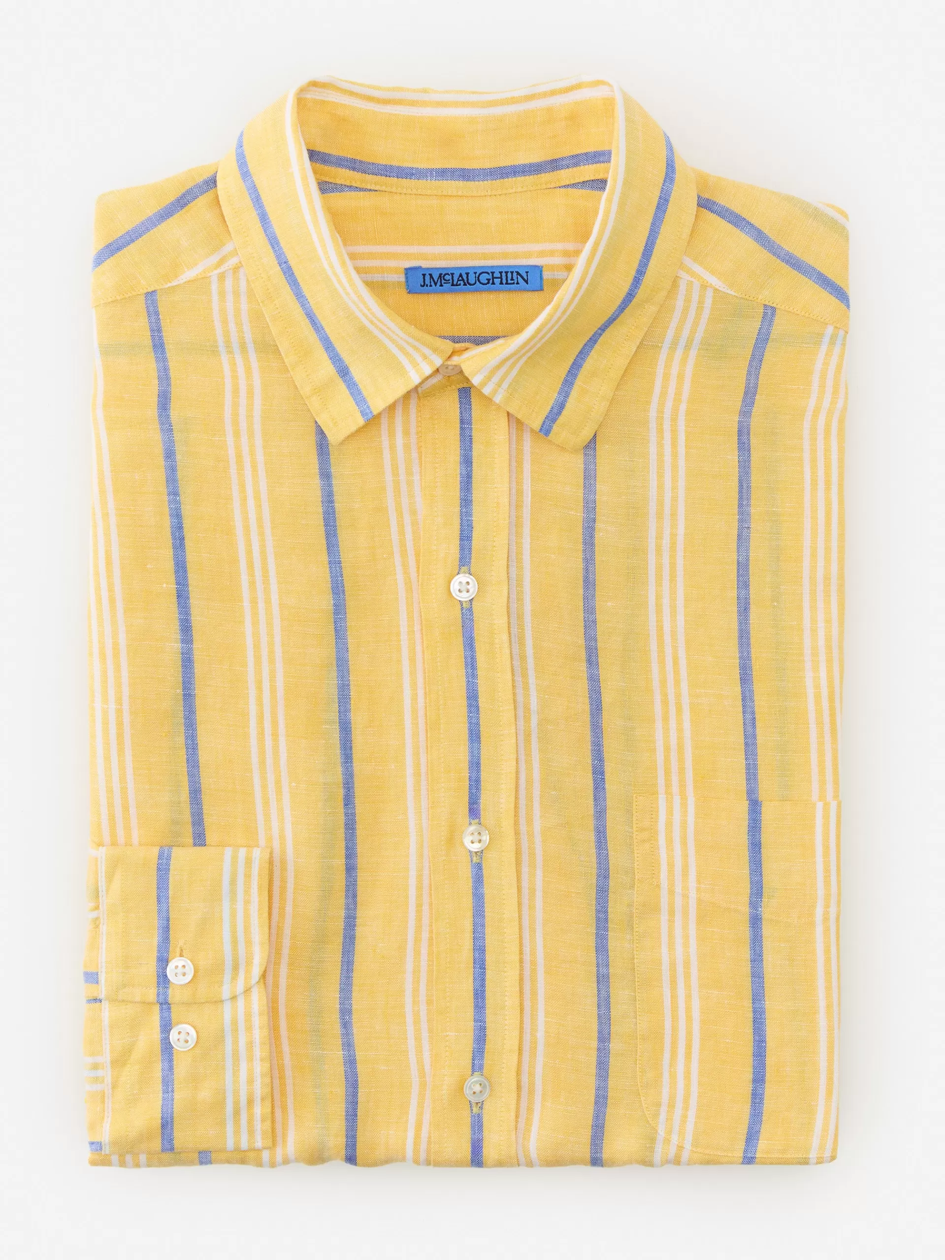 Sale J. McLaughlin Gramercy Classic Fit Linen Shirt In Stripe Yellow/White/Blue