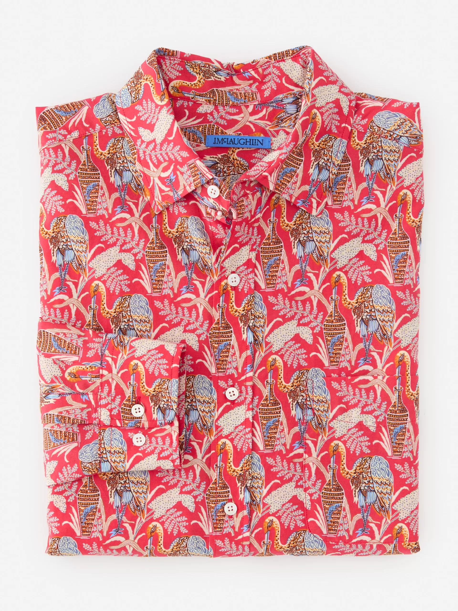 Shop J. McLaughlin Gramercy Modern Fit Silk Blend Shirt In Rare Bird Coral/Light Blue/Gold