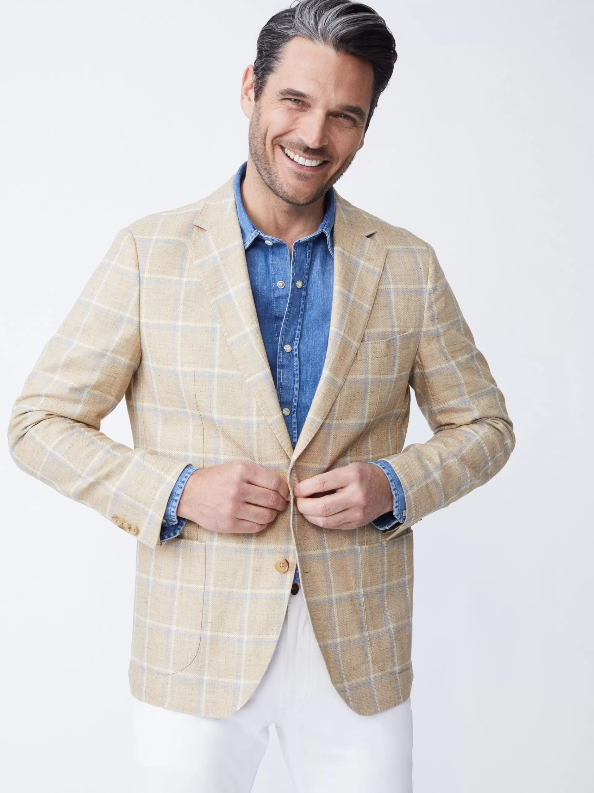 Store J. McLaughlin Lisbon Linen Blazer In Window Pane White/Tan/Blue