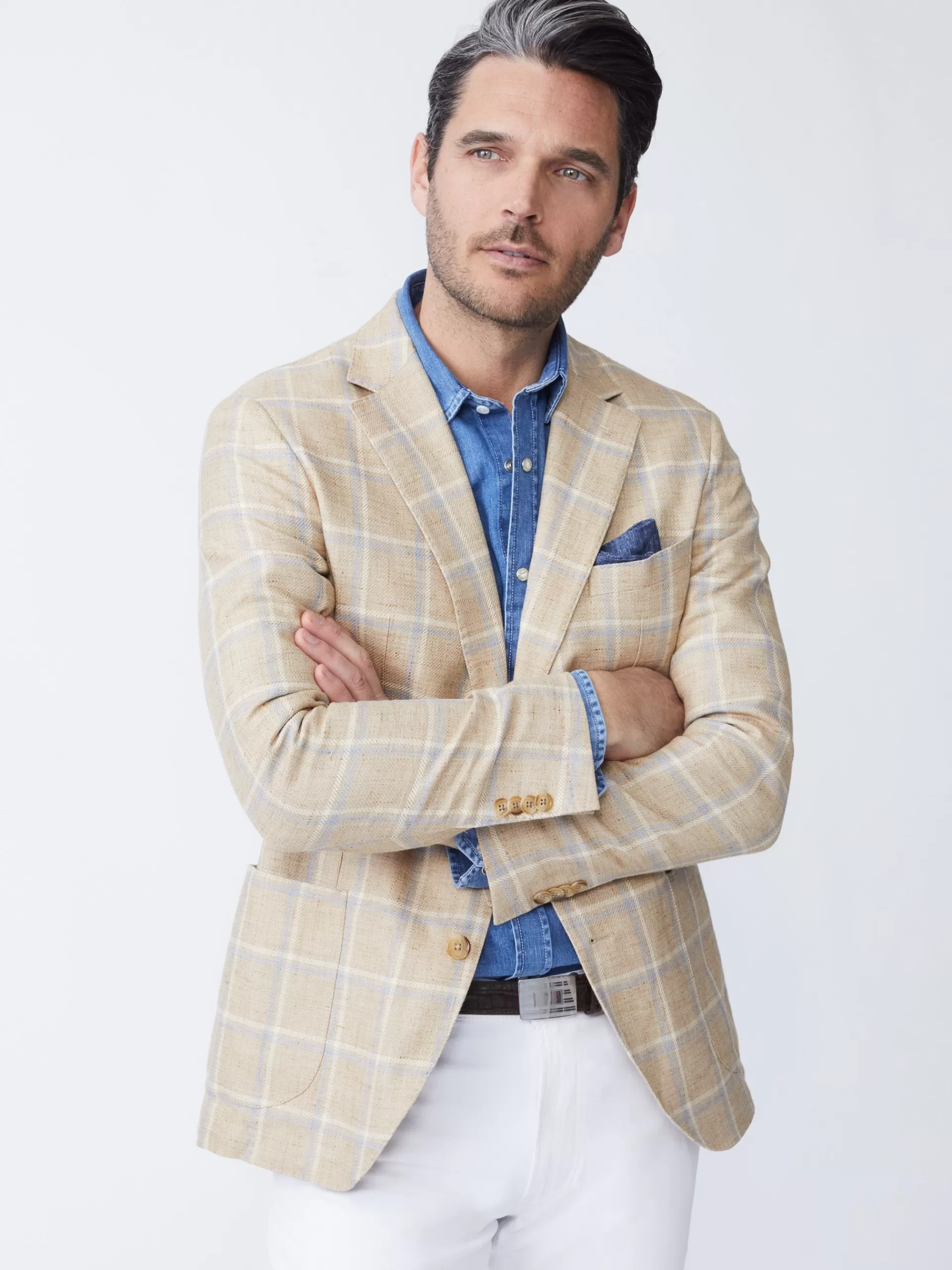 Store J. McLaughlin Lisbon Linen Blazer In Window Pane White/Tan/Blue