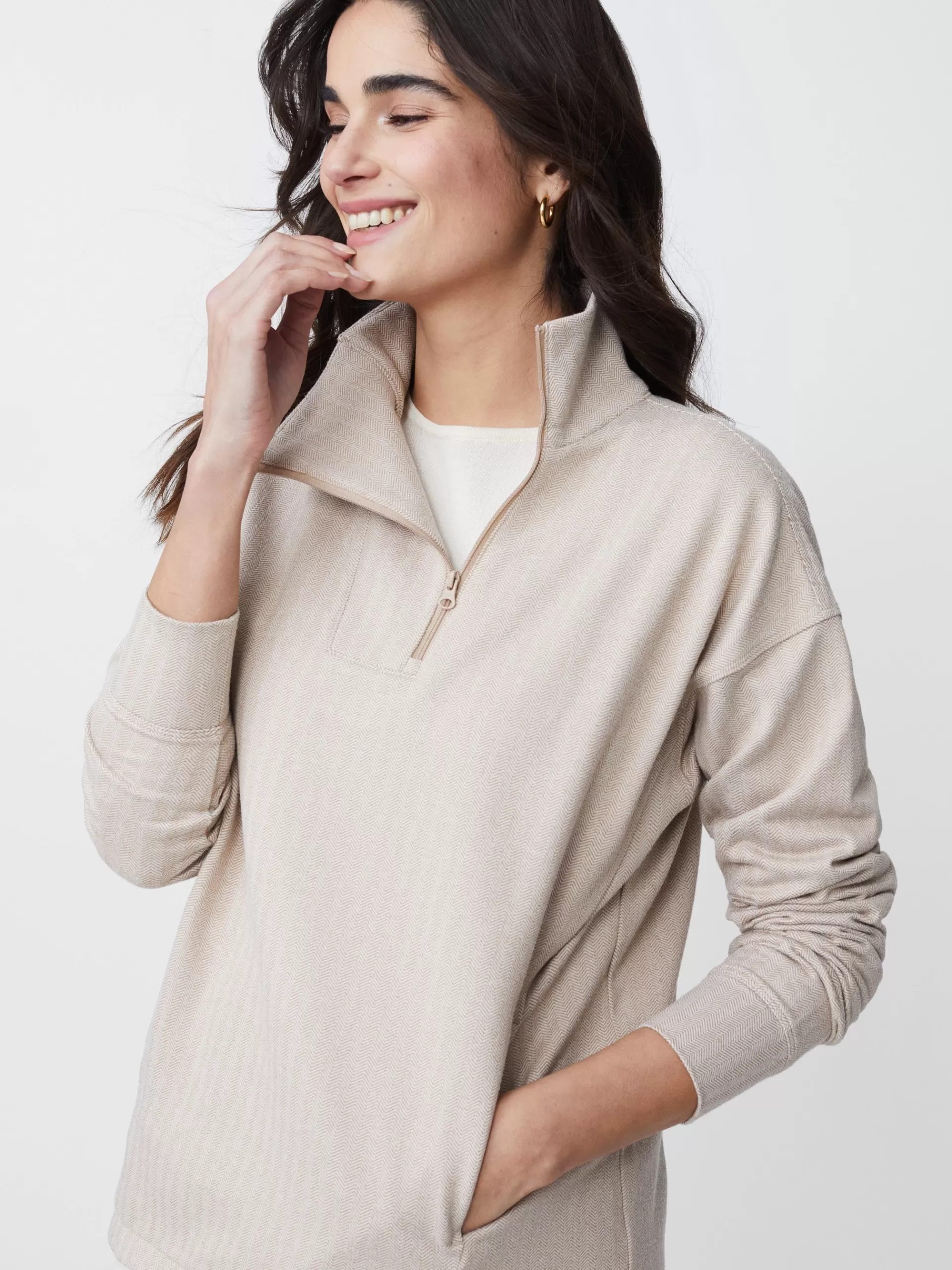 Discount J. McLaughlin Maeba Fleece Top In Herringbone Jacquard Off White/Taupe