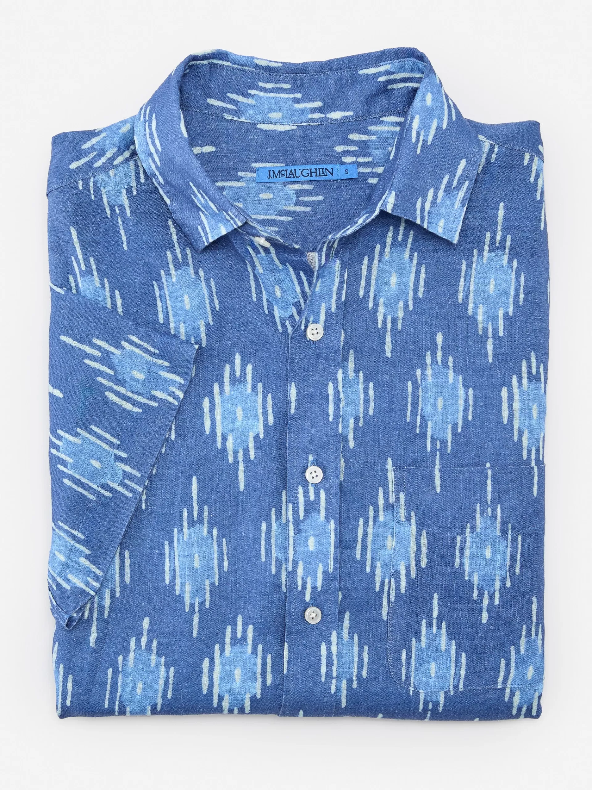 New J. McLaughlin Montauk Modern Fit Linen Shirt In Drop Ikat Dark Blue/Blue