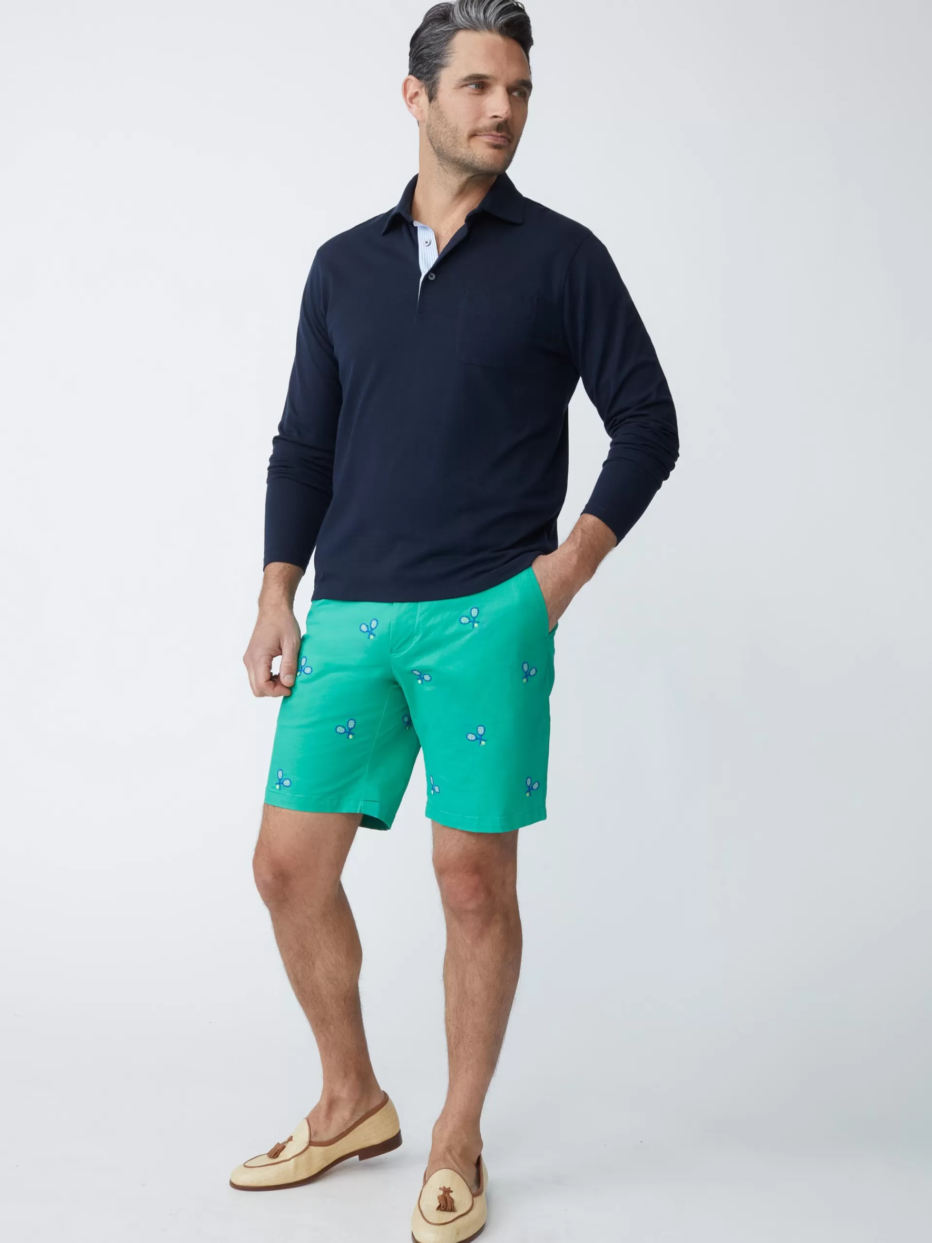 Best Sale J. McLaughlin Oliver 9" Embroidered Shorts In Tennis Racket Kelly Green