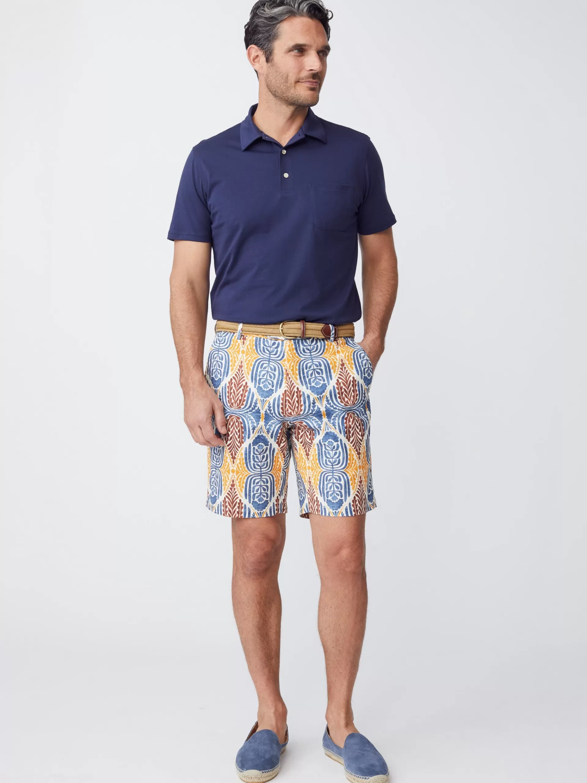 Outlet J. McLaughlin Oliver 9” Italian Twill Short In Mini Carriage House Navy/Brown/Orange