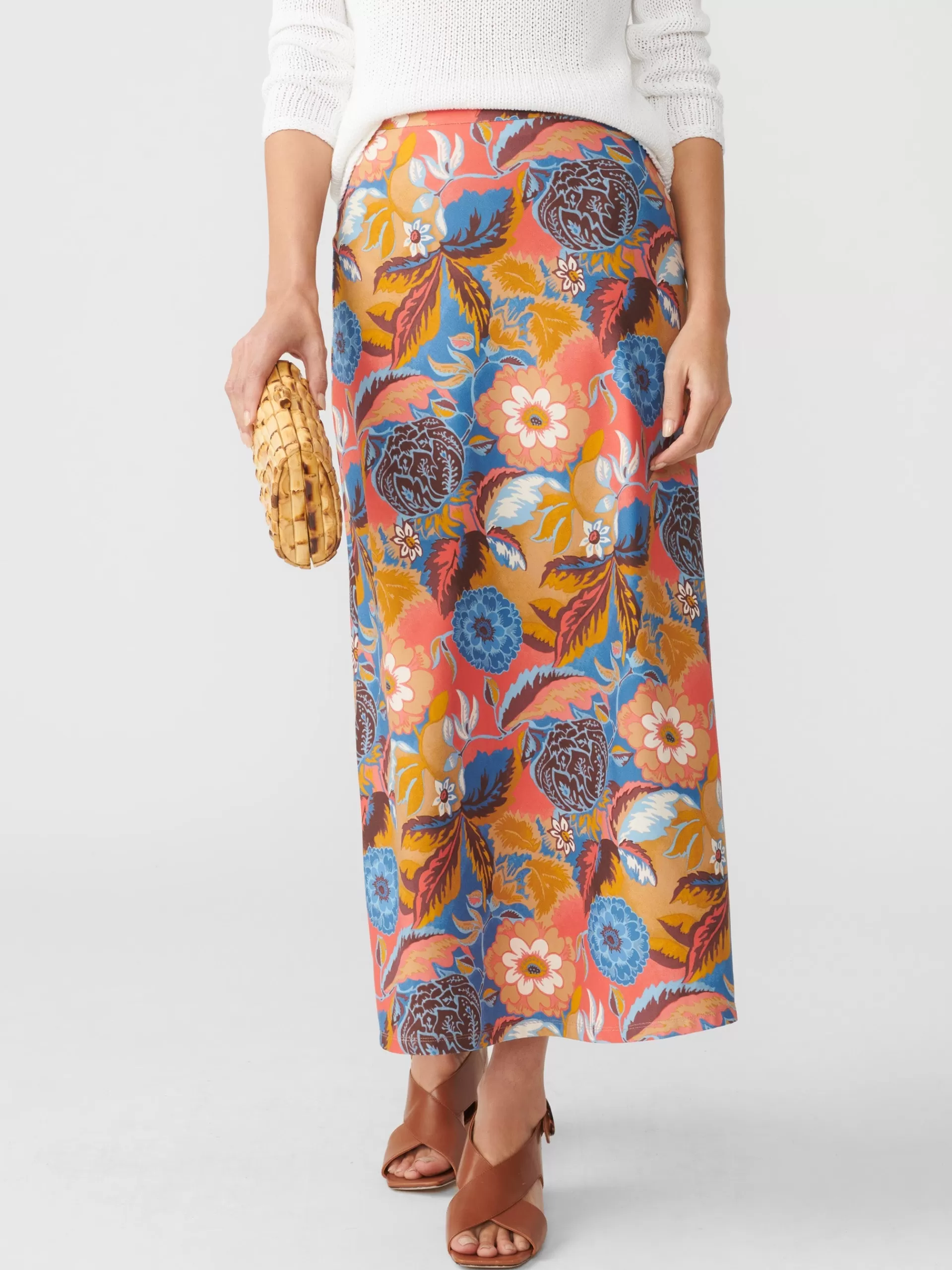 Clearance J. McLaughlin Zahara Skirt In Terra Blossom Bias Blue/Coral/Orange